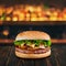 Burger with mushrooms at wooden tabletop with blurred bar at backdrop . Fastfood advertising concept