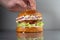 Burger with onions and mayonnaise, on a gray metal table.