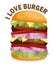 Burger ordered on the fast food menu. Hamburger with cutlet, tomatoes and onion. Logo icon vector illustration design