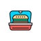 Burger in packing, fast food takeaway flat color line icon.