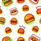 Burger pattern. Hamburger food for restaurant paper, barbecue or sandwich with beef, delicious meat wrapping design