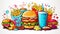 Burger, pizza, cool drinks, noodles, salads, French fry, ice cream coloring concept