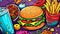 Burger, pizza, cool drinks, noodles, salads, French fry, ice cream coloring concept