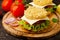 Burger with ramen, salad and tomatoes