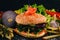 Burger with salmon, cheese and salad leaves. American Traditional Food.