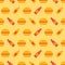 Burger seamless pattern. Burger with sauces in retro color palette. Fast food concept in flat design