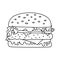 Burger sketch. Fast food. Hamburger. Cartoon black and white line illustration. Unhealthy meal. Vector hand drawn sandwich icon