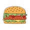 Burger sketch. Fast food. Hamburger. Cartoon illustration. Unhealthy meal. Vector hand drawn sandwich icon for restaurant menu