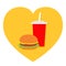 Burger. Soda drink glass with straw Icon set. Heart shape. I love Movie Cinema. Fast food menu. Flat design. White background.