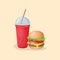 Burger and soda water in a red cup - cute cartoon colored picture. Graphic design elements for menu, poster, ad. Vector