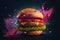 Burger with Splashing Sauce on a Dark and Moody Background AI Generative