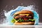 Burger with splashing water background