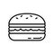Burger. Thick line art logo of big high sandwich. Black illustration of layered hamburger with lettuce leaf. Contour isolated