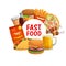 Burgers, drinks and snacks. Vector fast food