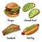 Burgers are fast street food. Vector drawing of food. Unhealthy food. Hot dog, hamburger, avocado toast, sandwich