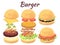Burgers isolated on white background. Cartoon fast food vector illustration