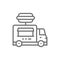 Burgers truck, fast food vehicle line icon.