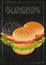 Burgers on wood black background. Burger menu.