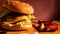 Burgers on a wooden board with potatoes. Tasty photo fast food. Place for text