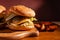 Burgers on a wooden board with potatoes. Tasty photo fast food. Place for text