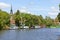 Burggraben at Stade with houseboats and belltower of st Cosmae church in background