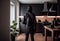 A burglar dressed in all black stands with his back to the camera in a modern apartment. Generate Ai