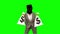 Burglar wearing balaclava and holding money bags on green screen