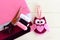 Burgundy felt owl. Cute children toy. Felt sheets, scissors, thread, needles, pins - sewing kit