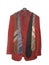 Burgundy jacket with various ties on a black plastic hanger with a metal hook isolated on a white background