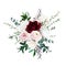 Burgundy red peony, cream white magnolia, pink rose and ranunculus, peony flowers, eucalyptus, greenery