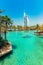 Burj al Arab view from Madinat Jumeirah, Dubai. Beautiful view on hotel sail. Market and walking area with a beautiful