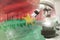 Burkina Faso science development digital background - microscope on flag. Research of genetics design concept, 3D illustration of