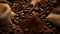 Burlap background with broken chunks of chocolate and coffee beans