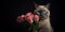 Burmese cat with a bouquet of roses in its paws on a black background