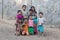 Burmese children are playing near the Buddhist stupa. Mrauk U, Myanmar