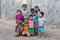 Burmese children are playing near the Buddhist stupa. Mrauk U, Myanmar