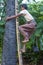 Burmese farmer climbing a Palm tree