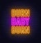 Burn Baby Burn neon lettering on brick wall background.