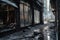 burned city street with broken windows, shattered glass and charred surfaces from the fire