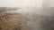 Burned field in the smoke. Natural disaster in summer. Environmental disaster