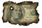 Burned fragment of US dollar banknote on white isolated background. Concept of financial crisis. Blackened charred edges of 100