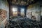 Burned interiors of industrial hall after fire in the factory