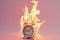 Burning alarm clock. Time out or deadline pressure concept. Clock on fire, symbol of hot sale, discounts, shopping time, countdown