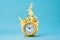 Burning alarm clock. Time out or deadline pressure concept. Clock on fire, symbol of hot sale, discounts, shopping time, countdown