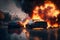 Burning automobile cars on fire accident in city road. Neural network generated art