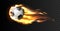 Burning ball. Realistic soccer flying ball with fire trail behind, impact force on goal, flight fiery energy, football