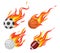 Burning balls. Football and volleyball, basketball and rugby flying sport fireball, game objects in flame, design