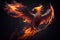 Burning bird phoenix on black background. AI generated