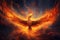 A burning bird phoenix in the night sky. Bird phoenix. Generative Ai