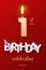 Burning Birthday candle in the form of number 1 figure and Happy Birthday celebrating text with party cane isolated on